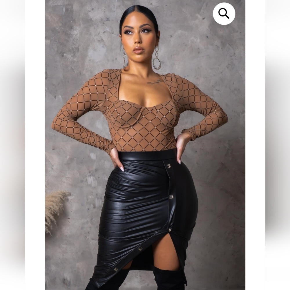 Two Piece Leather Skirt Set – Tan/Black